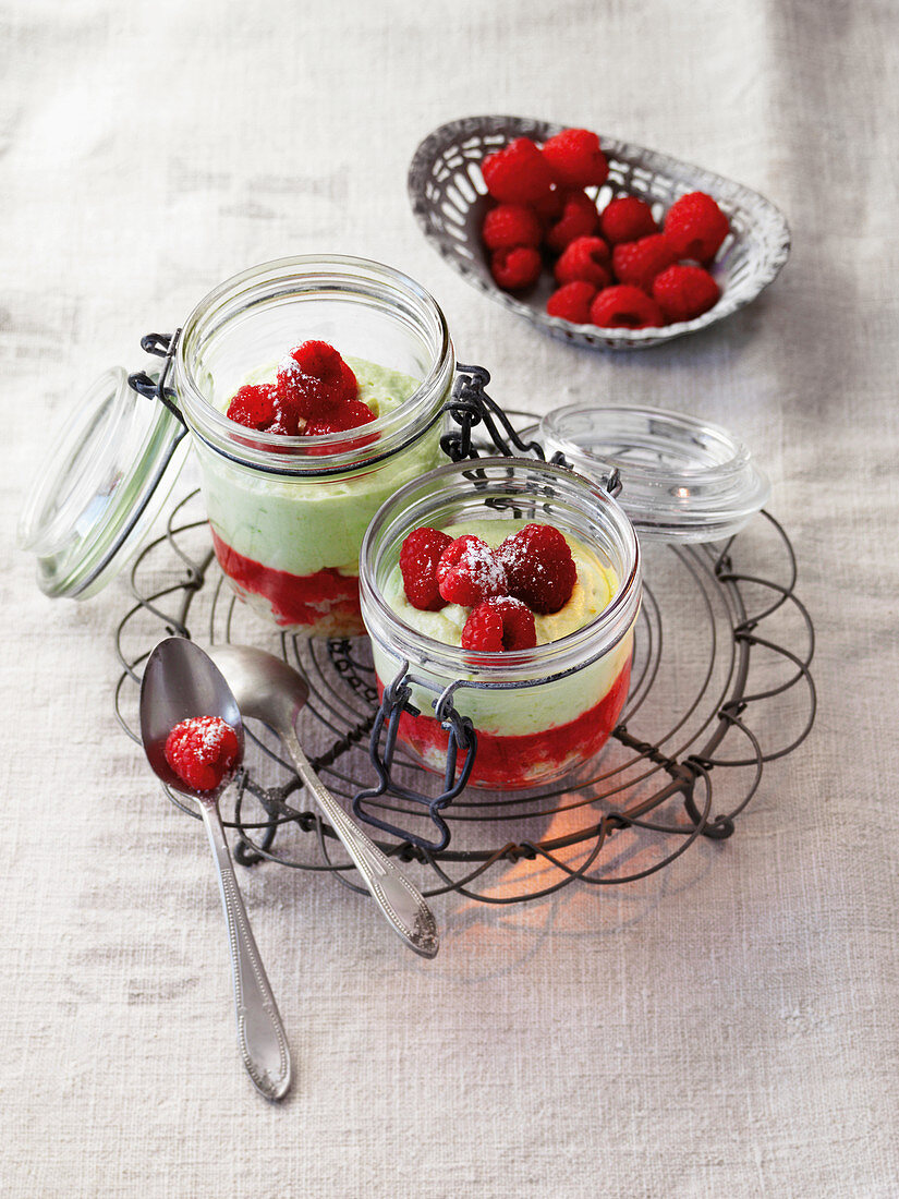Avocado and raspberry mousse in jars