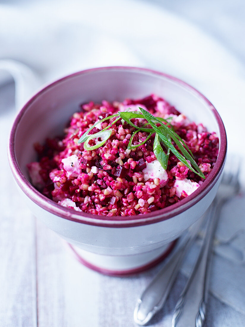 Beetroot and bulgur salad with feta and spring onions