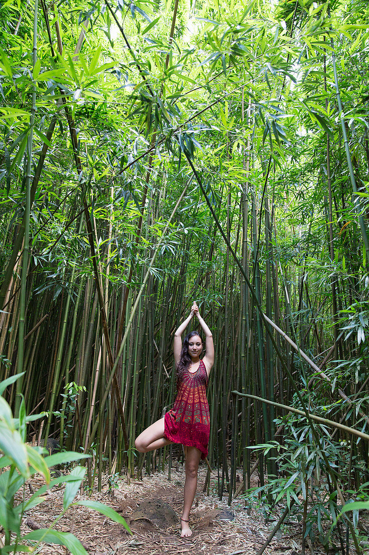 A woman practising yoga in a bamboo forest