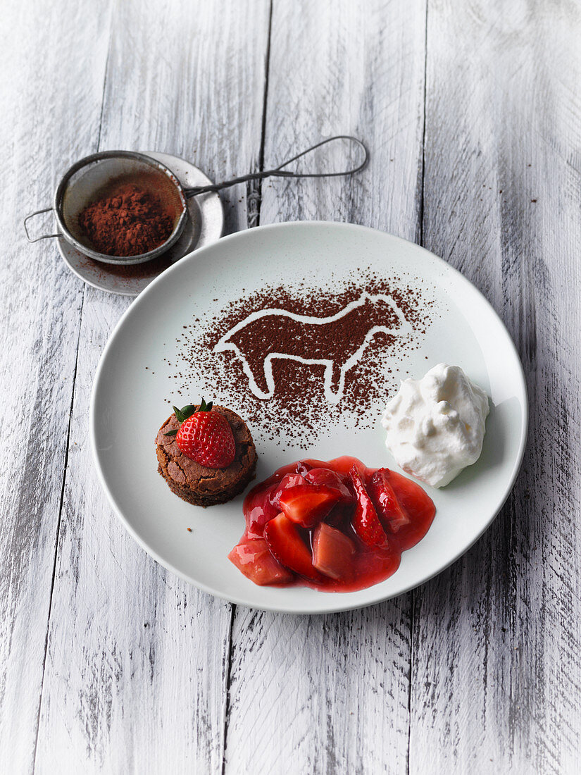 Sheep's yoghurt cream with chocolate cake and strawberry and rhubarb compote