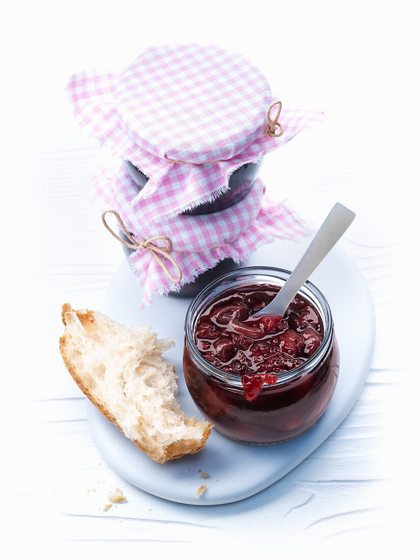 Sour cherry and vanilla jam in a glass jar