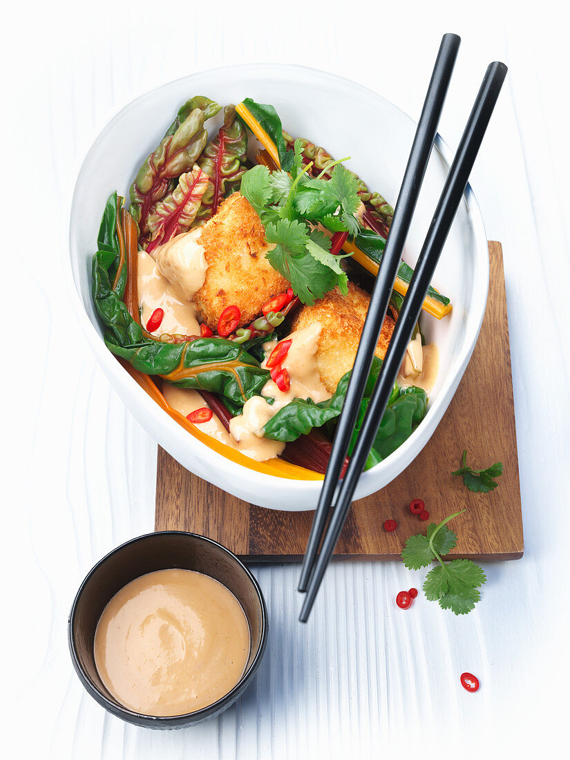 Colorful swiss chard with fried tofu