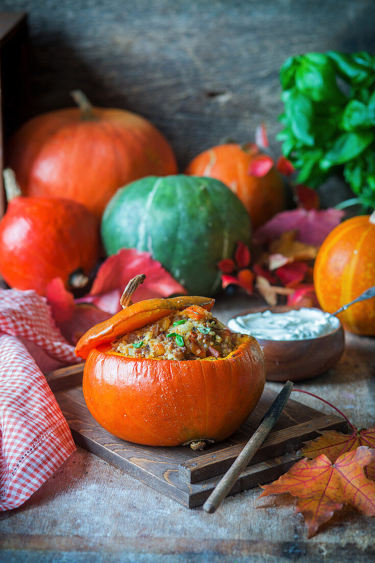 Pumpkin stuffed with meat and rice