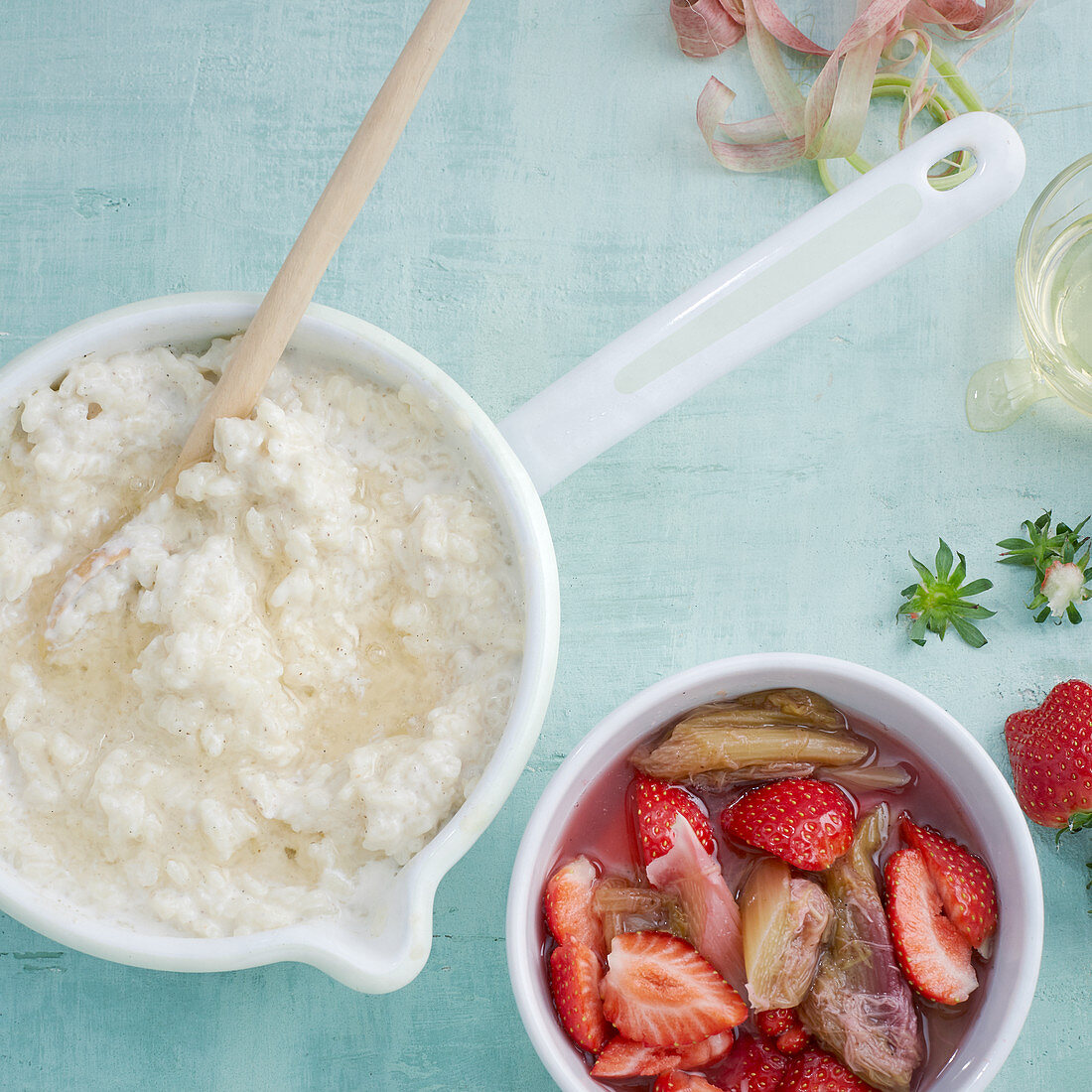 Rice pudding with a strawberry and rhubarb compote