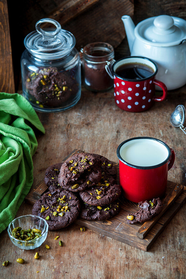 Chocolate cookies with chopped pistachios