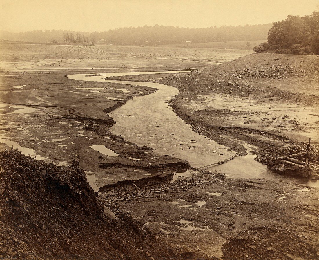 Empty reservoir after Johnstown Flood, 1889