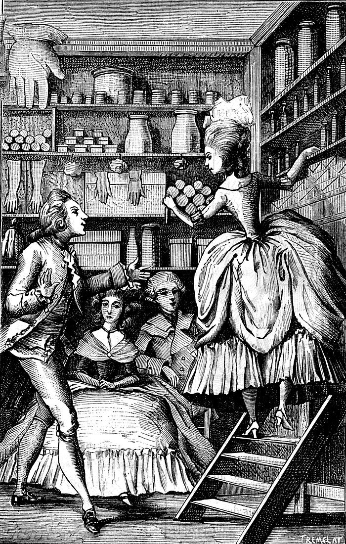 18th Century perfume merchant, illustration
