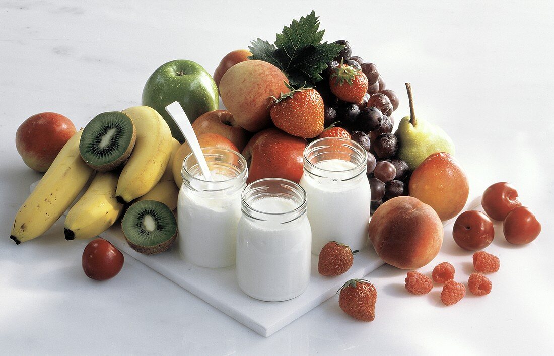 Three Jars of Plain Yogurt; Assorted Fruit