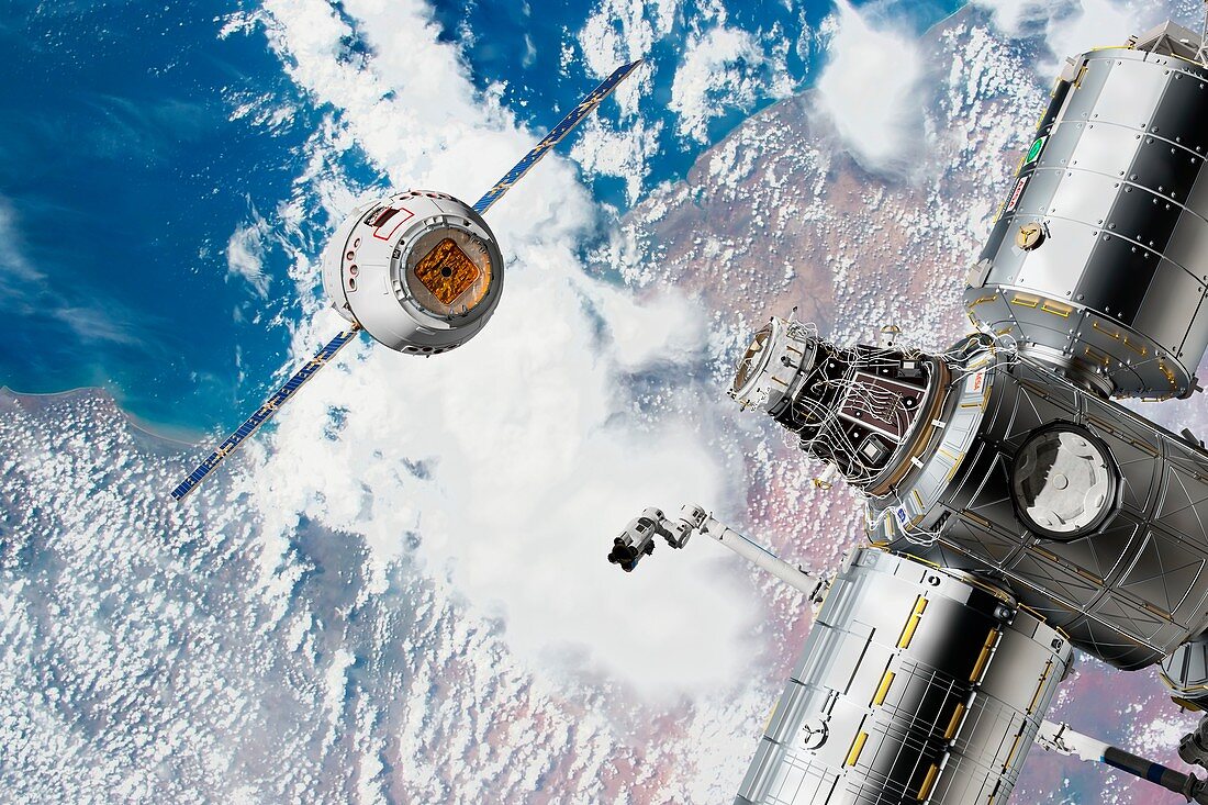 Cargo ship approaching the ISS, illustration