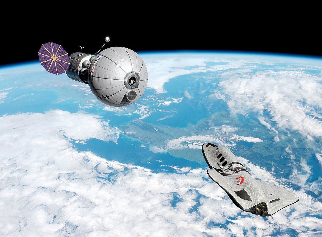 Cruise shuttle near space habitat, illustration