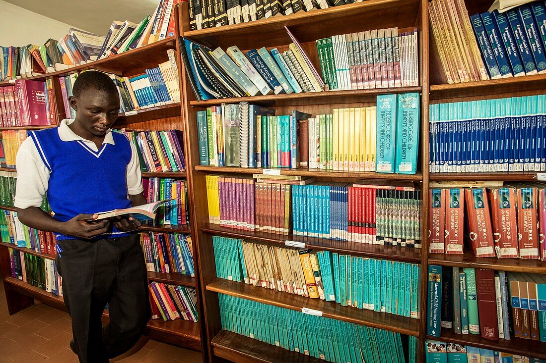 Student in a medical library