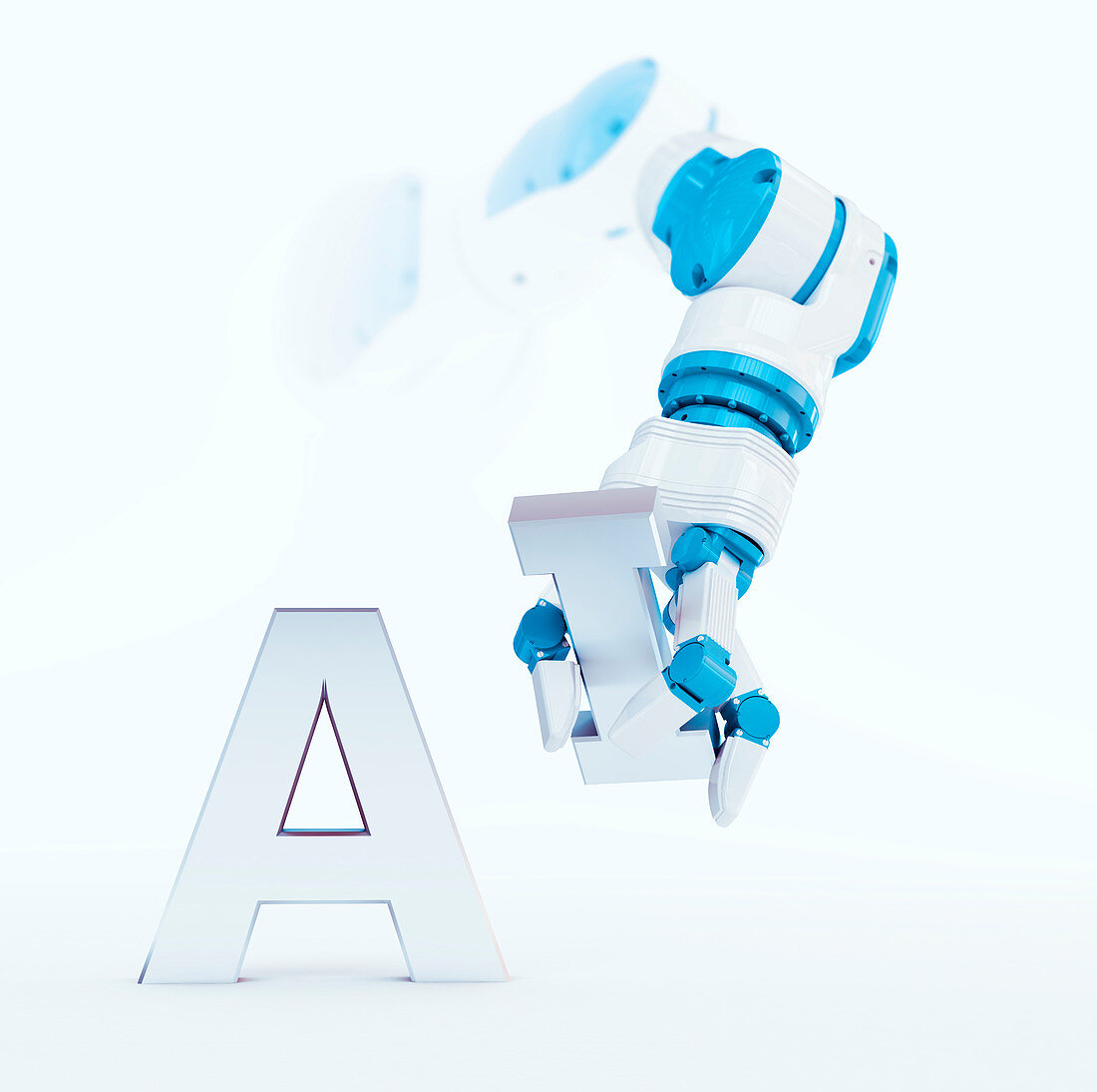 Robotic hand and the letters A and I, illustration