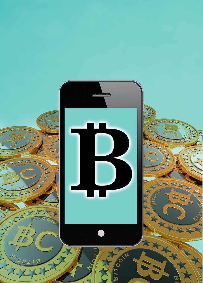 Bitcoin symbol on smartphone, illustration