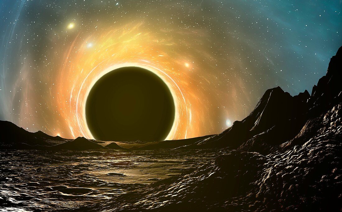 Black hole seen from planet, illustration