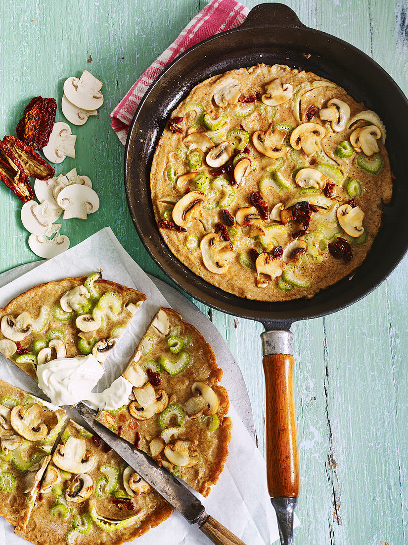 Soya pancakes with mushrooms and celery