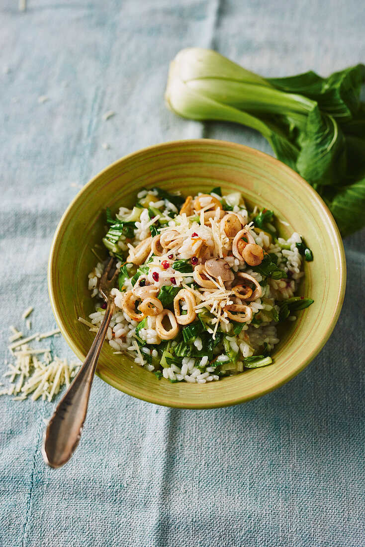 Bok choy risotto with fried squid