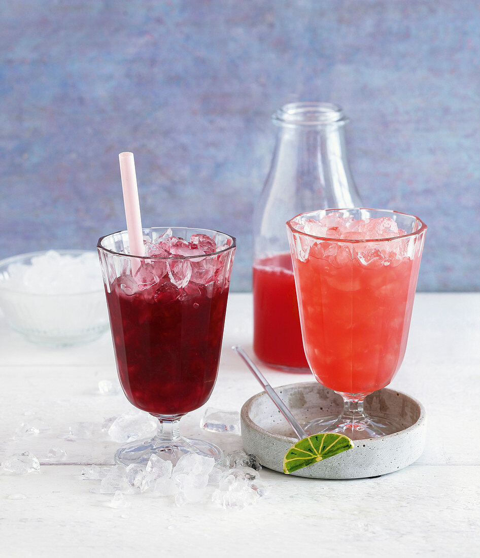 Two mocktails - a Berry Sour and Tropical Fruit