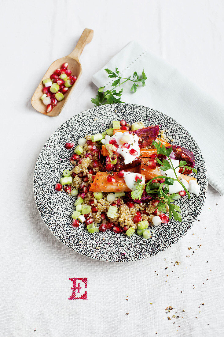 Beetroot with parsnips and pomegranate quinoa