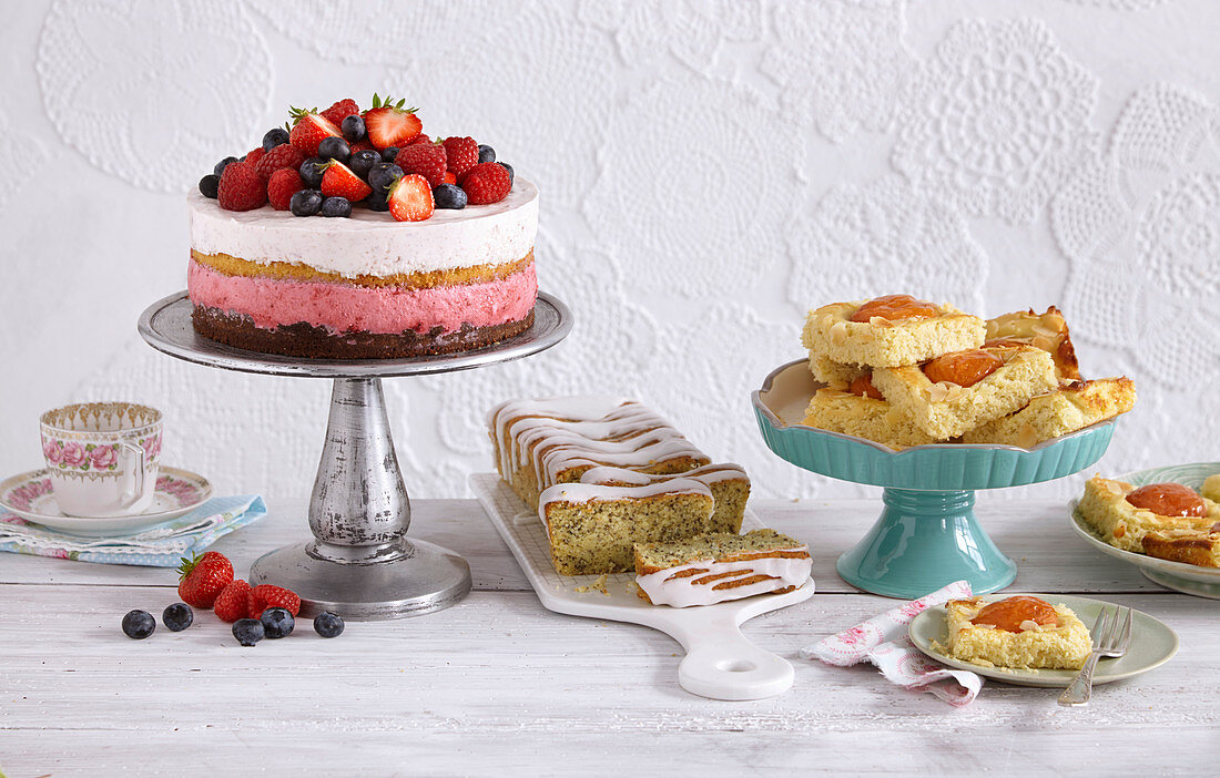 Fruity layer cake, lemon chia cake and apricot slices