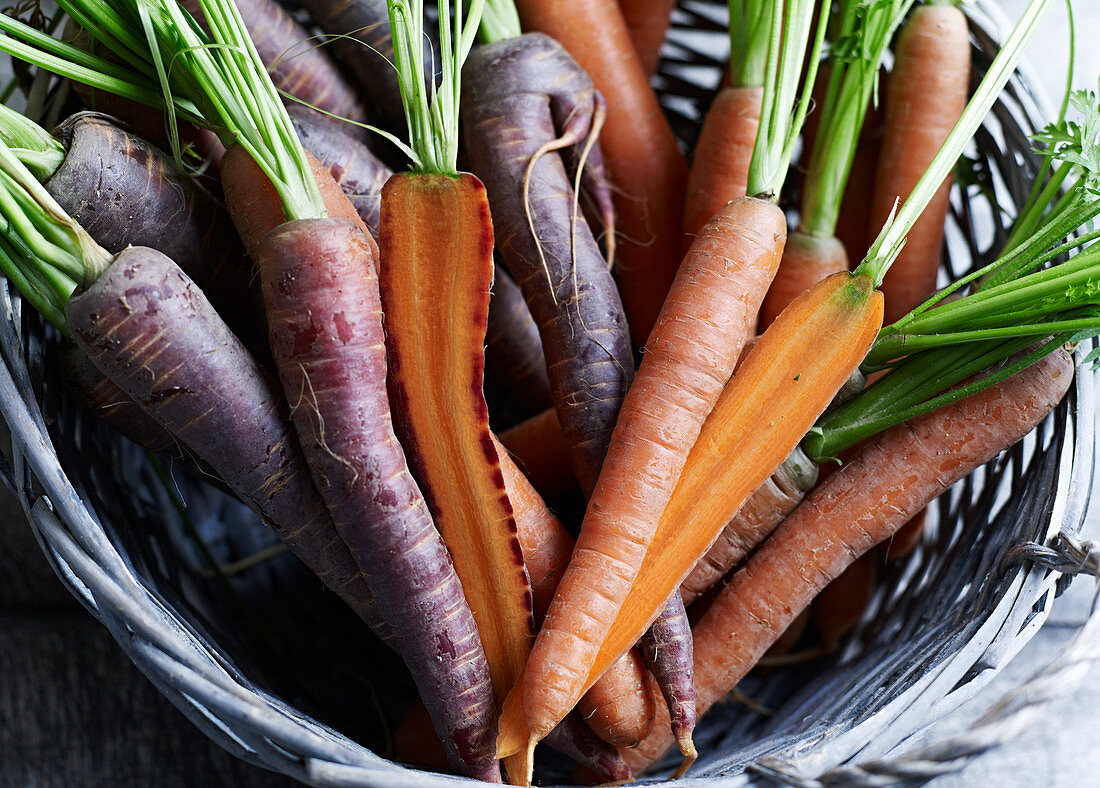 A basket of mixed carrots