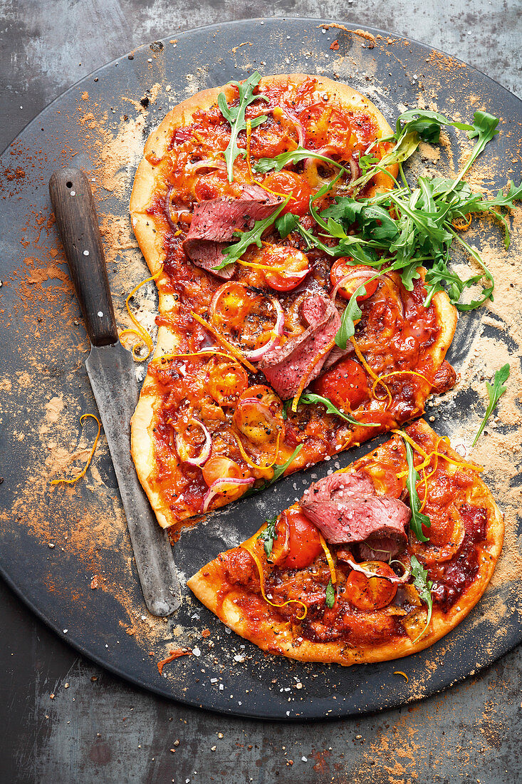 BBQ pizza with grilled flat iron steak