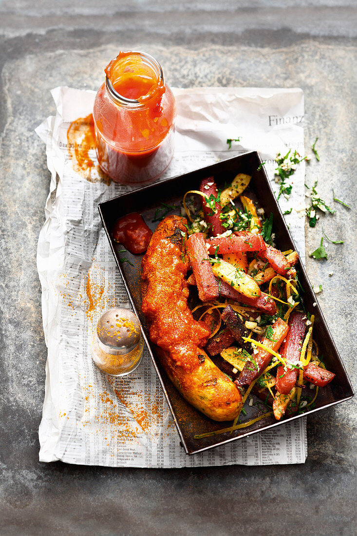 Grilled homemade curried sausage with chips