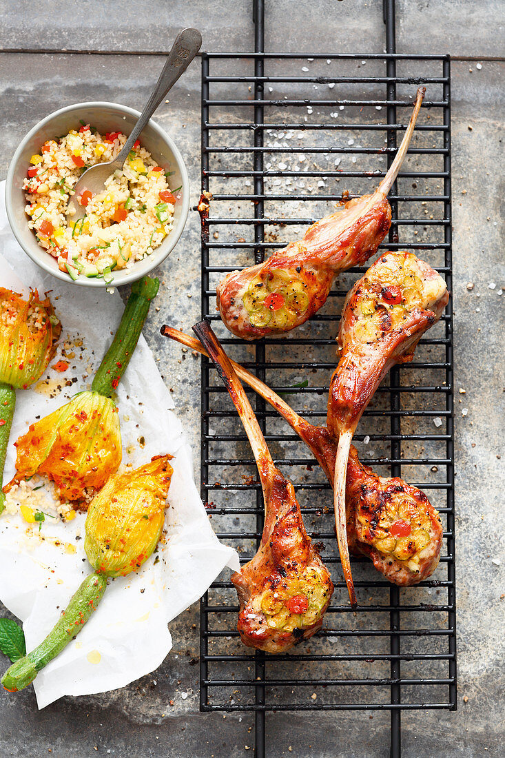 Grilled stuffed lamb chops with courgette flowers with tabbouleh