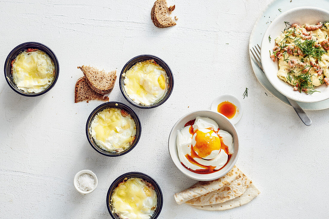 Oven-baked eggs with bacon, scrambled eggs with shrimps, and eggs on creamy quark