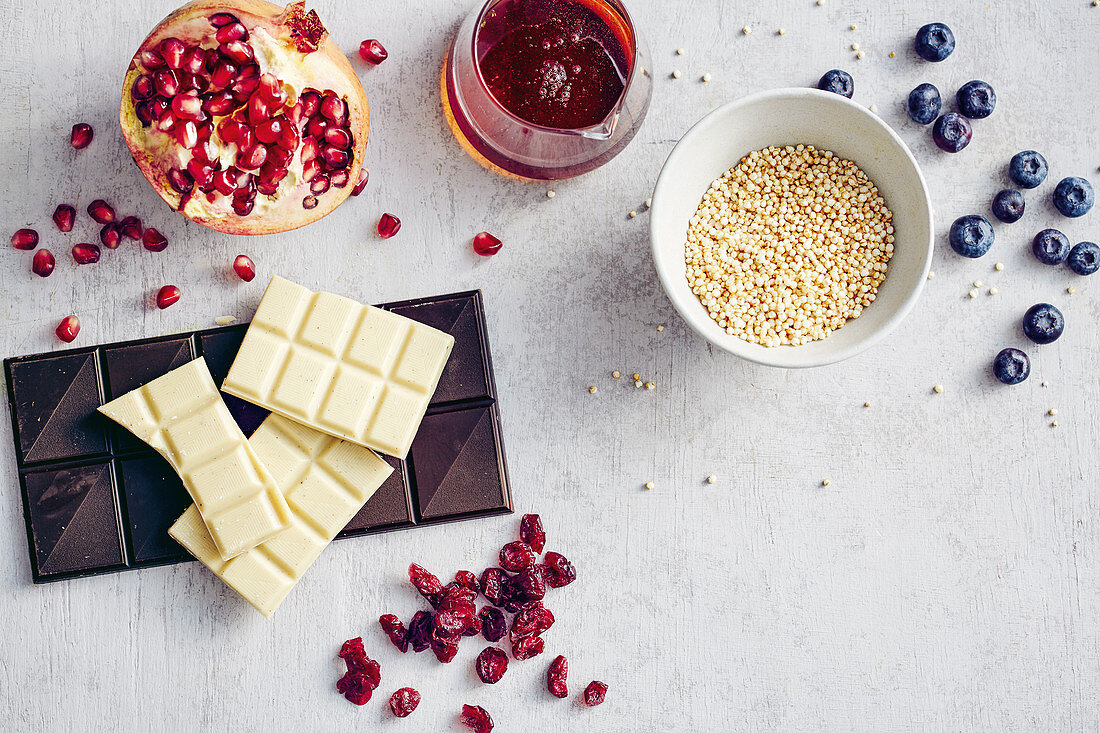 Dark and white chocolate, pomegranate and puffed amaranth