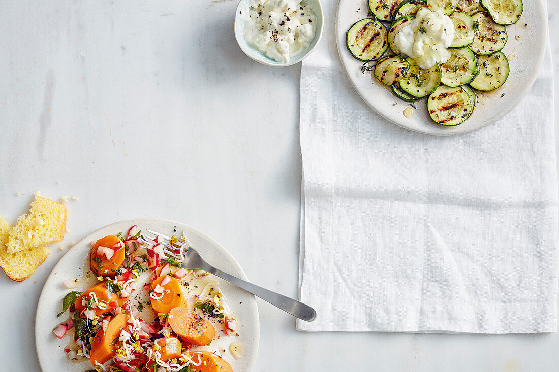 Marinated carrots with radishes, and grilled courgette with a feta cheese dip