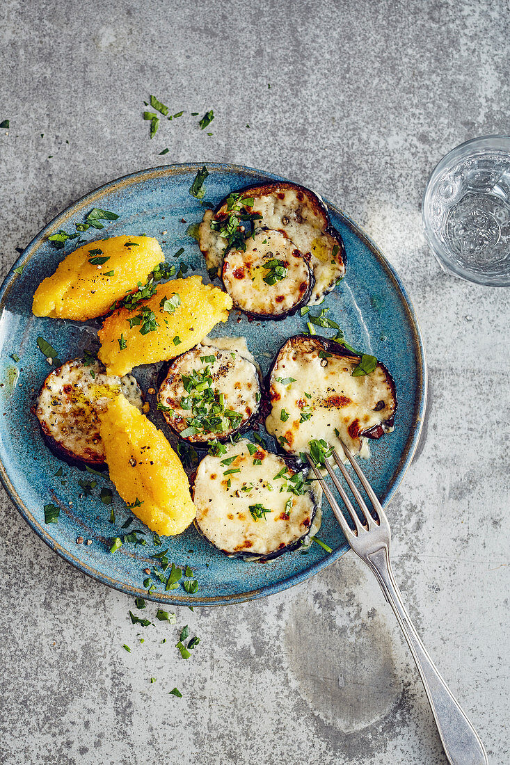 Polenta dumplings with grilled cheesy aubergines