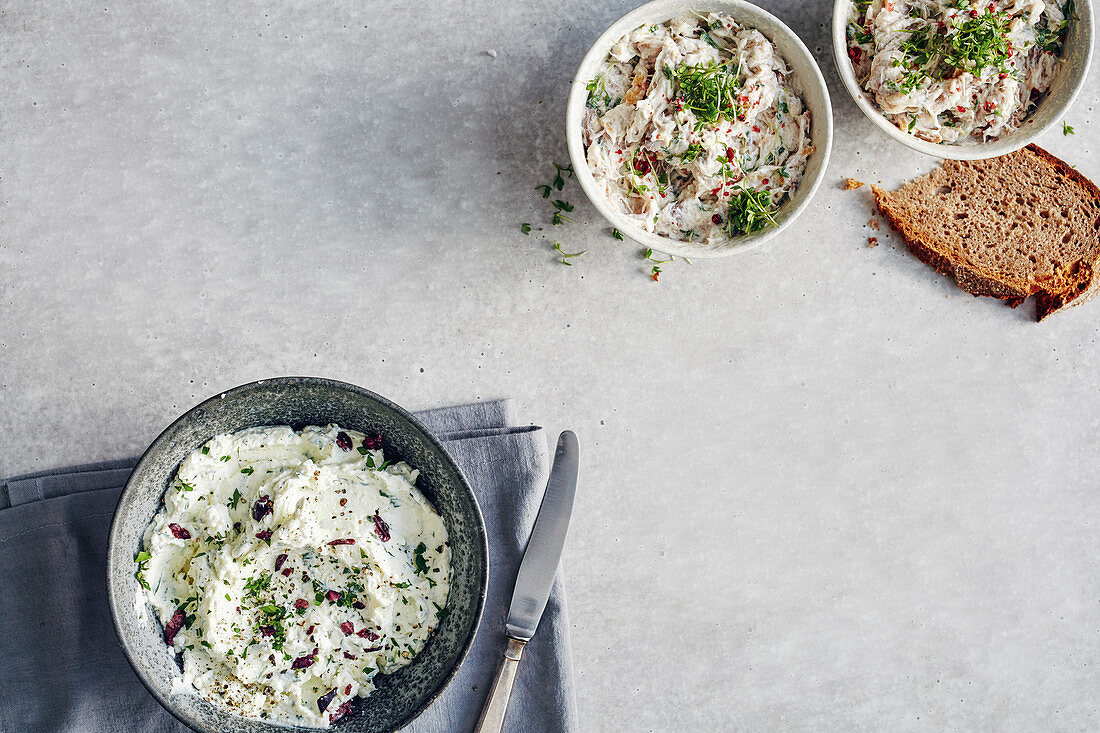Feta cheese spread with olives, and mackerel spread with sherry