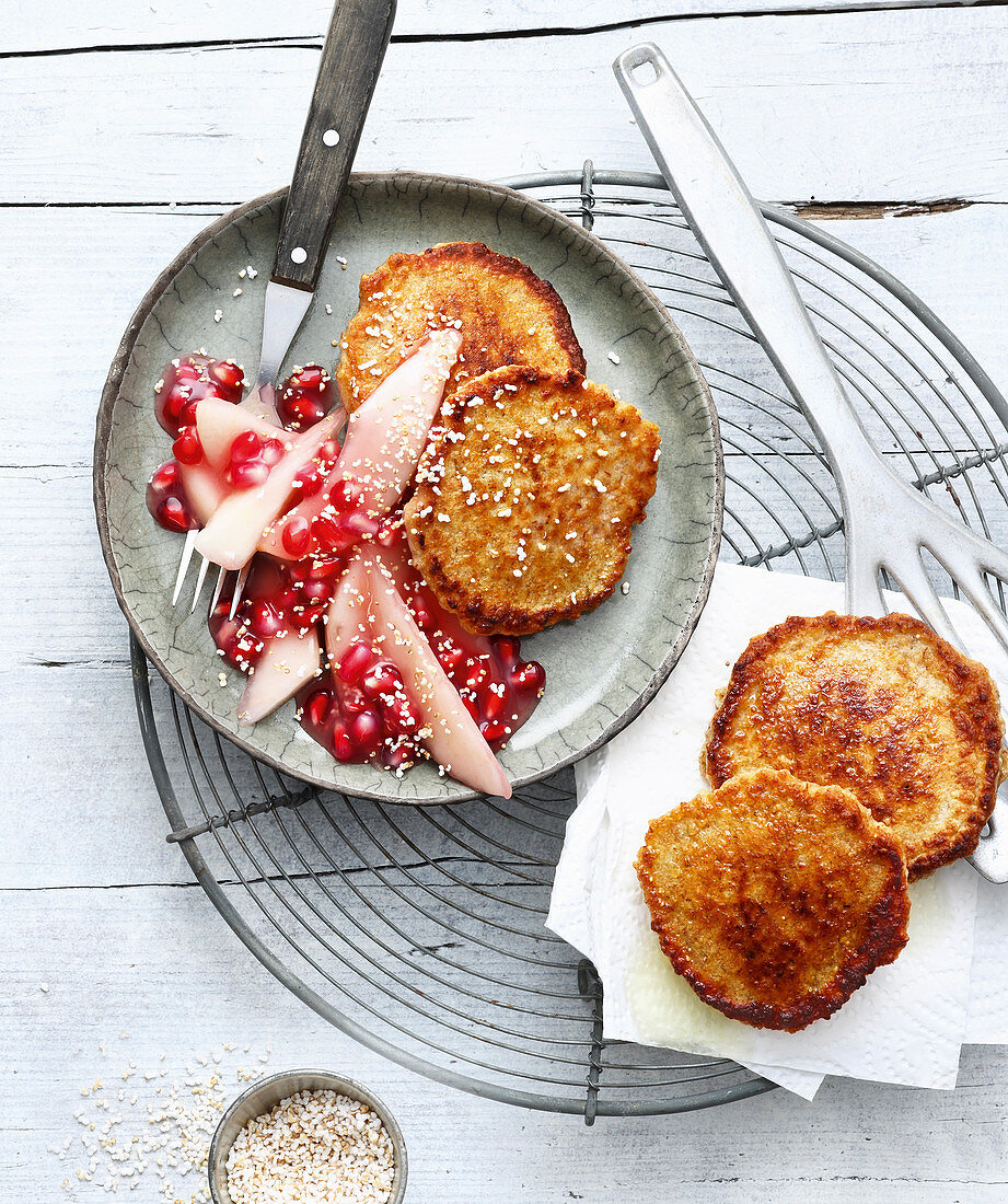 Amaranth pancakes with pomegranate and pear compote