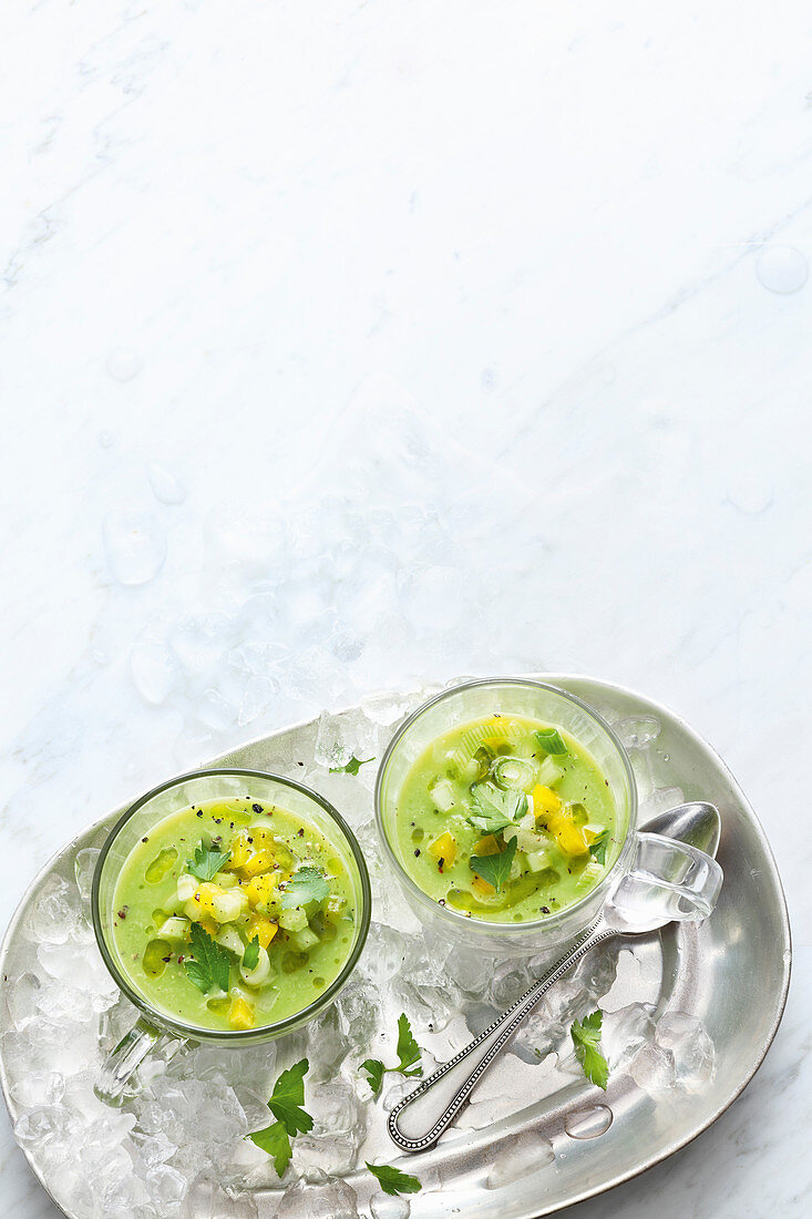 Green gazpacho with diced vegetables