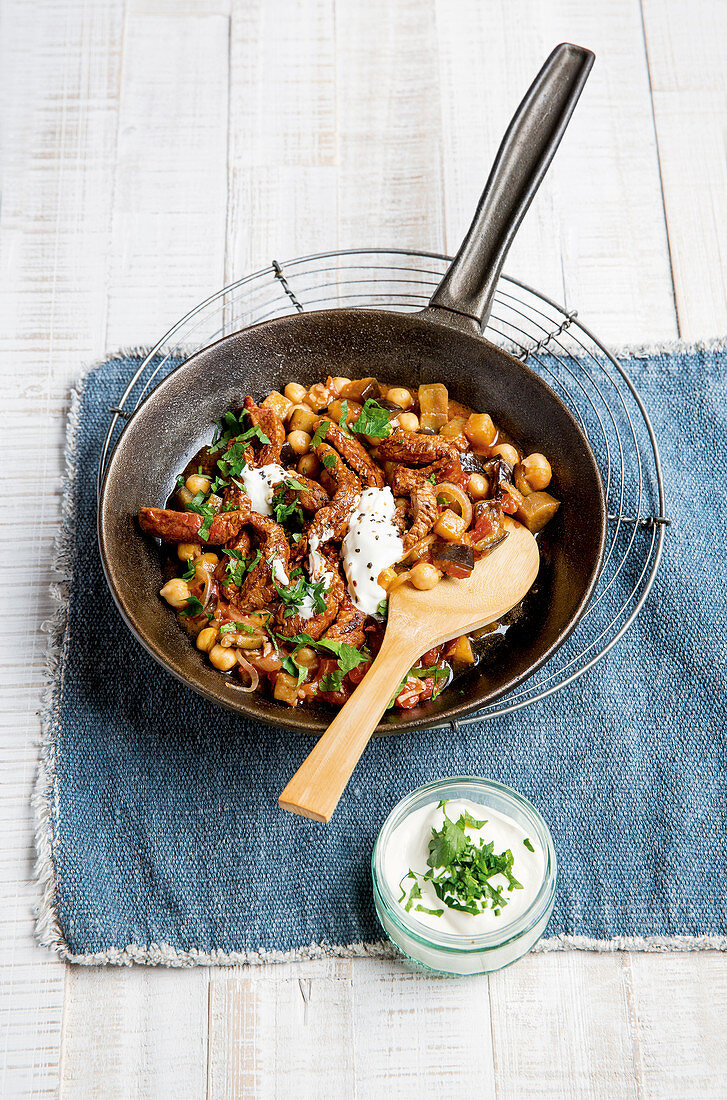 Stir fried eggplant with lamb and chickpeas