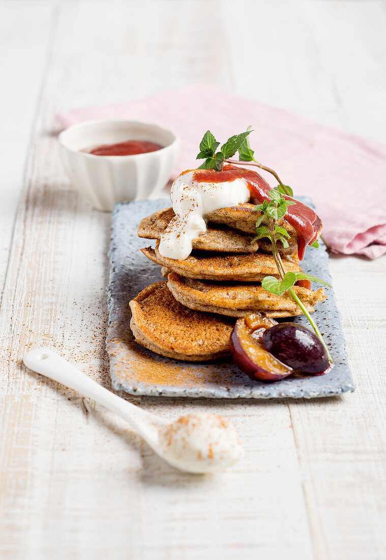 Poppyseed pancakes with damson compote and yoghurt