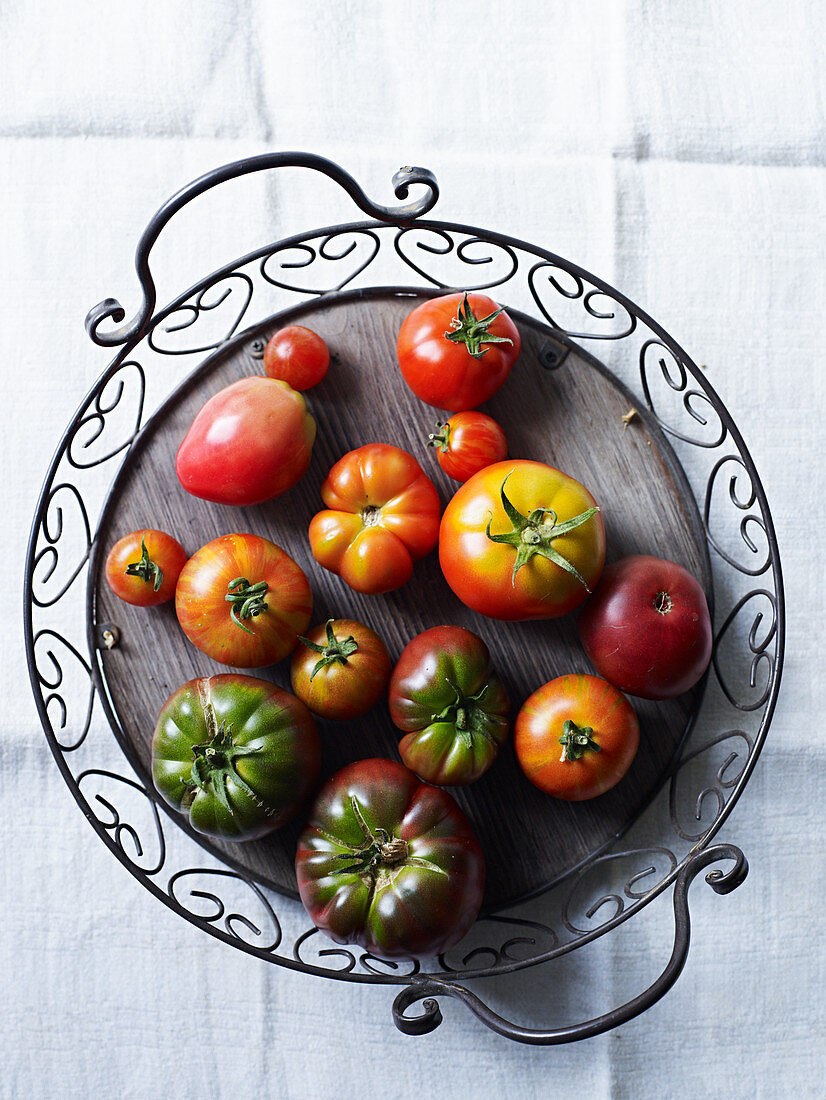 Various tomatoes on a tray