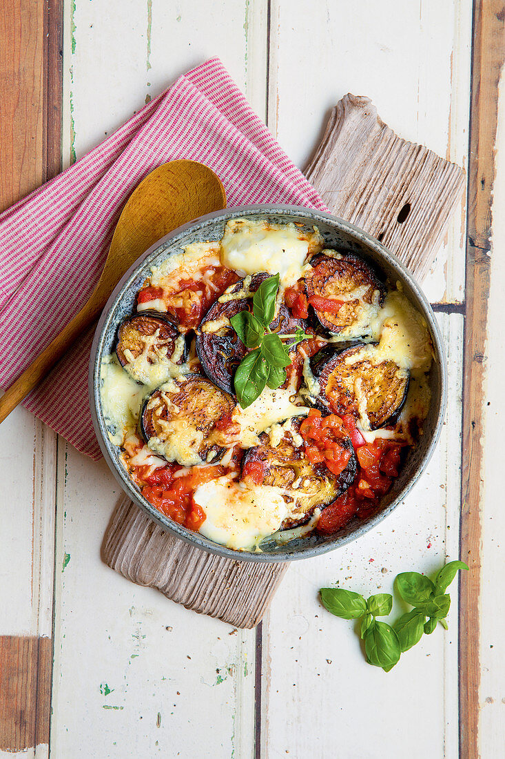 Vegetarian aubergine and tomato bake with mozzarella