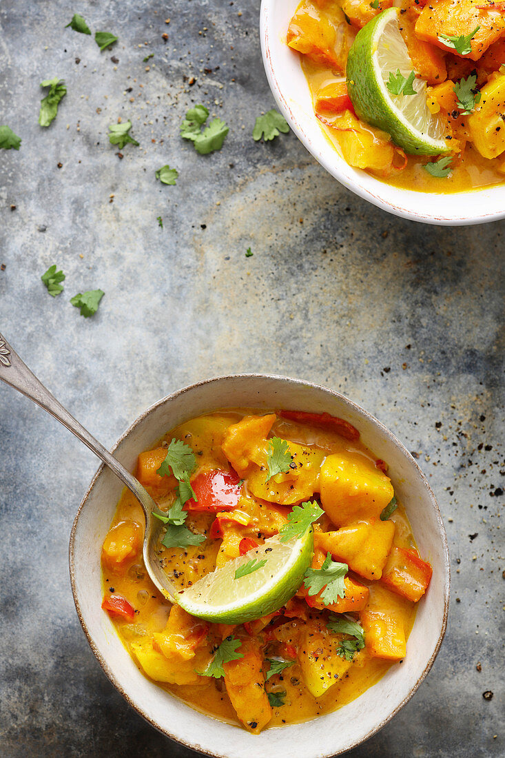 Pumpkin curry with potatoes and pineapple