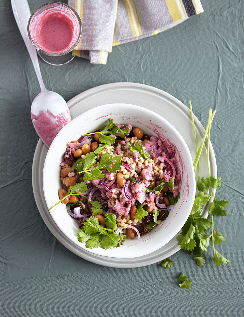 Bean and farro salad with beetroot dressing