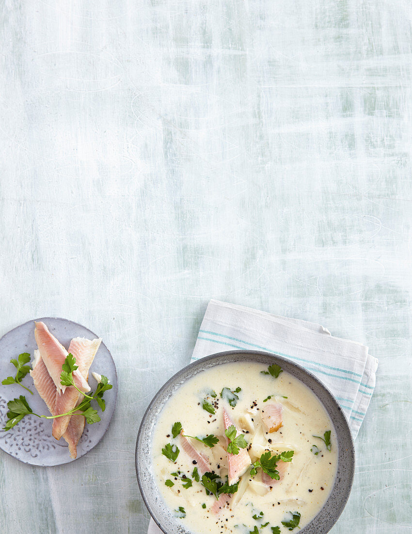 Salsify soup with smoked trout
