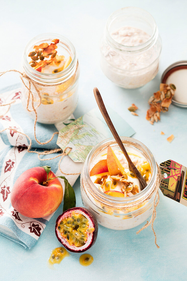 Overnight oats with peach and passion fruit