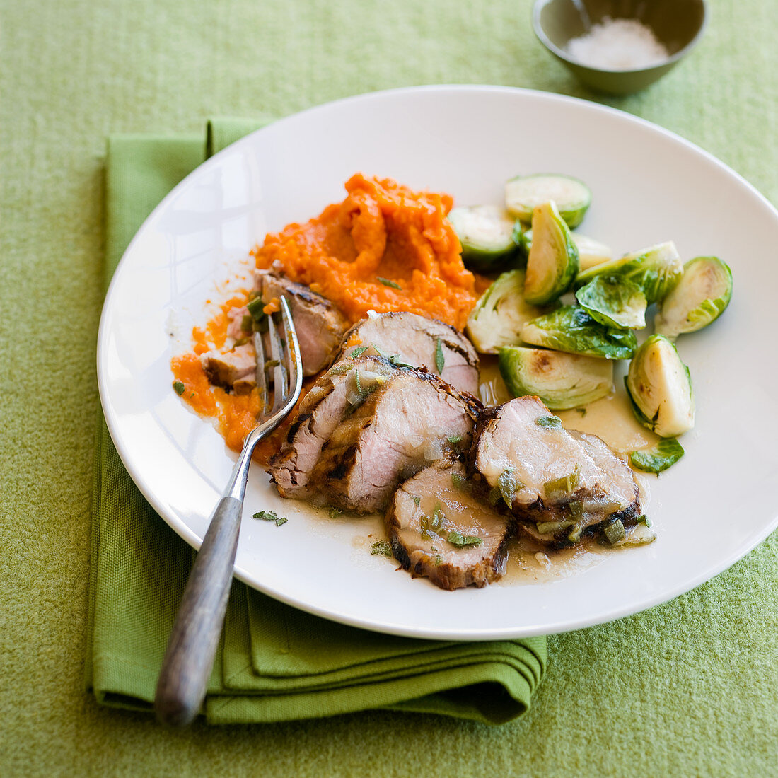 Grilled Pork Tenderloin with Apple Sage Sauce and brussel sprouts