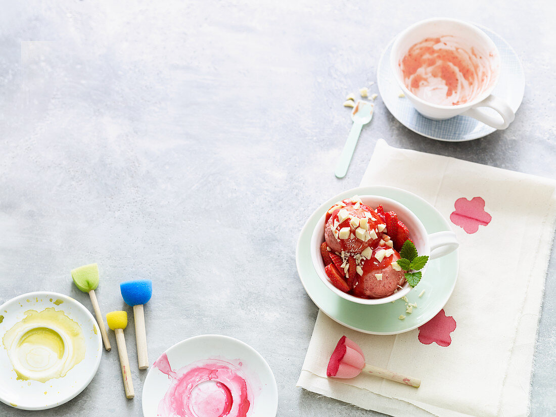 Strawberry and elderflower ice cream sundaes