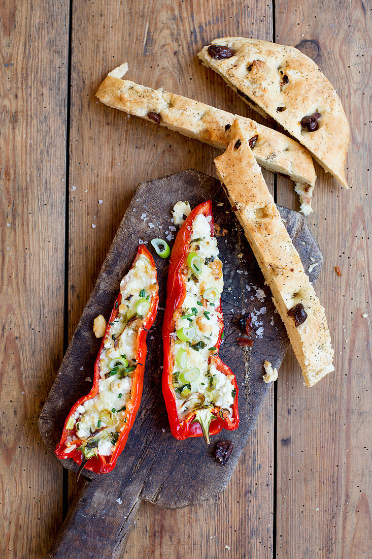 Stuffed pointed peppers with olive focaccia