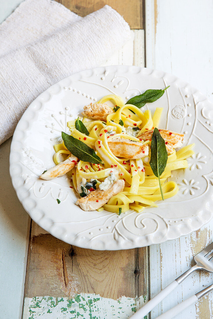 Tagliatelle with a chicken gorgonzola sauce and sage