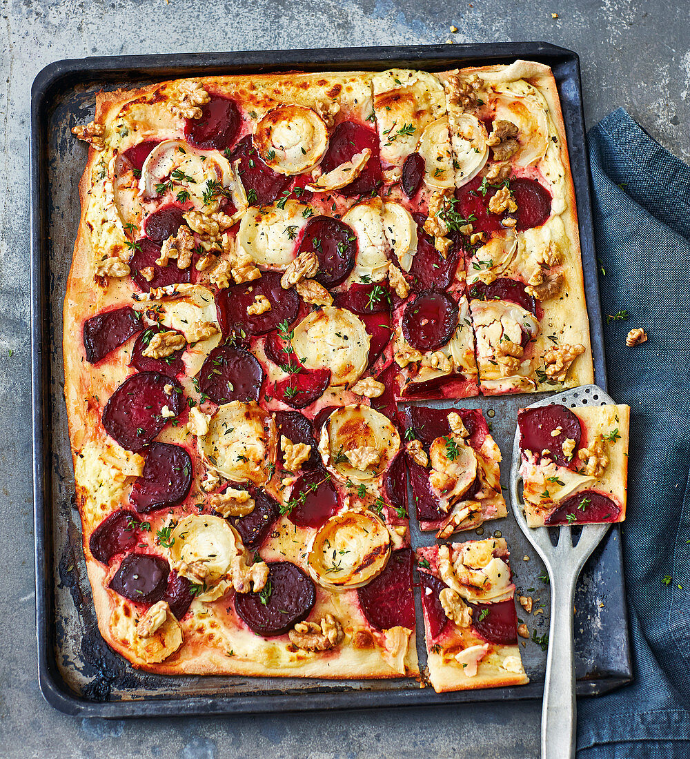 Tart flambée with beetroot and goat's cheese