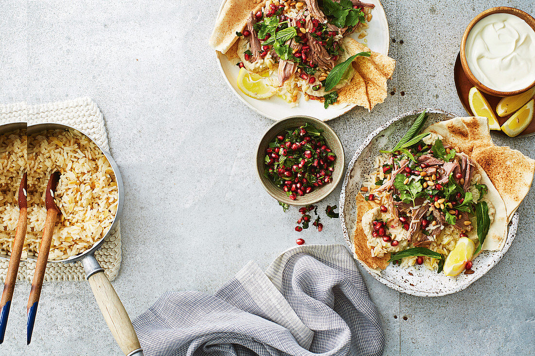 Slow cooked spiced lamb with rice pilaf