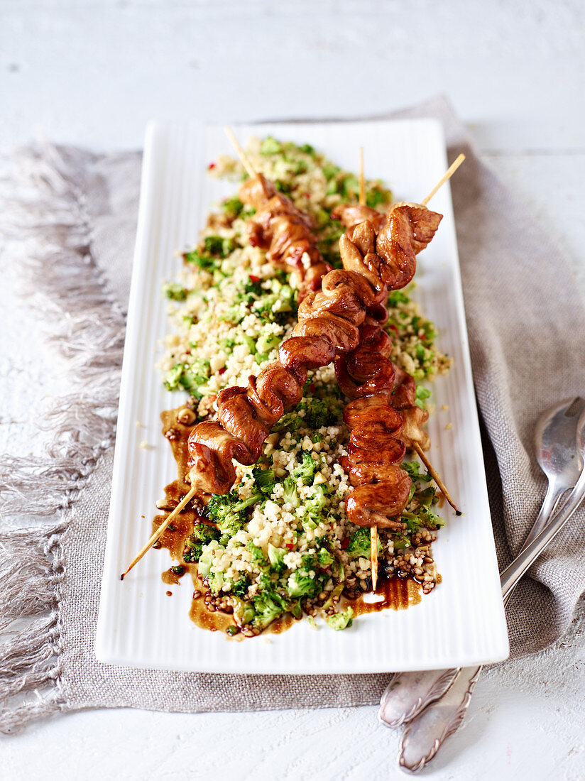 Broccoli couscous and Teriyaki chicken skewers