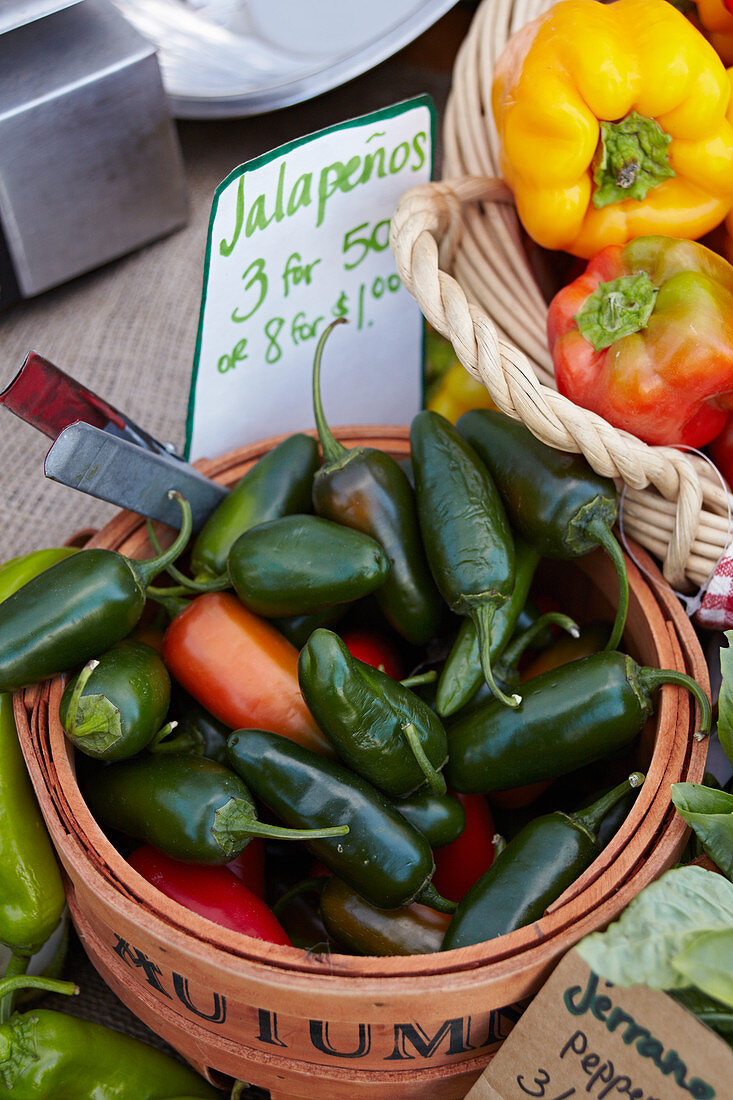 Jalapeños and peppers on a market